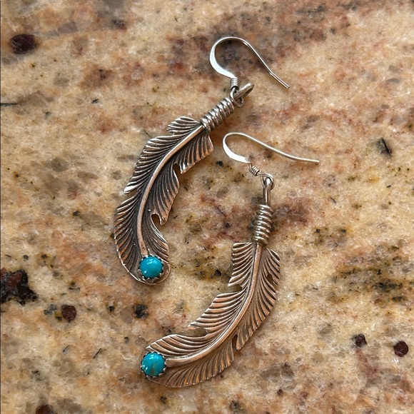 Elegant Sterling Silver Feather Earrings with Turquoise Accents - Picture 2 of 6